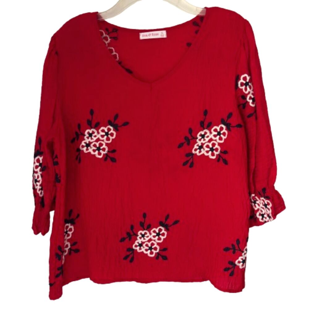 Ana & Rose Red/White/Blue Embroidered Floral Gauze Smocked Sleeve Blouse XL #R